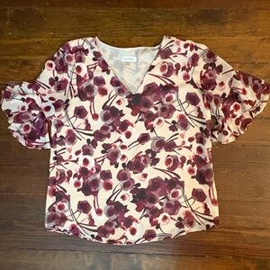 Calvin Klein floral ruffle blouse top red pinks size S
